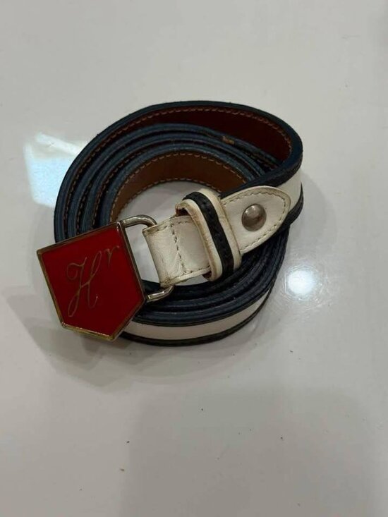 Other - Vintage Color Block Belt – Black White Brown Leather-Look Belt with Red Geometri